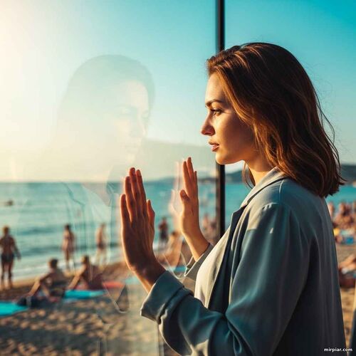 Девушка смотрит на яркую жизнь через стеклянную стену