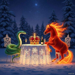 открытка: новый год 2026 - встреча змеи и лошади