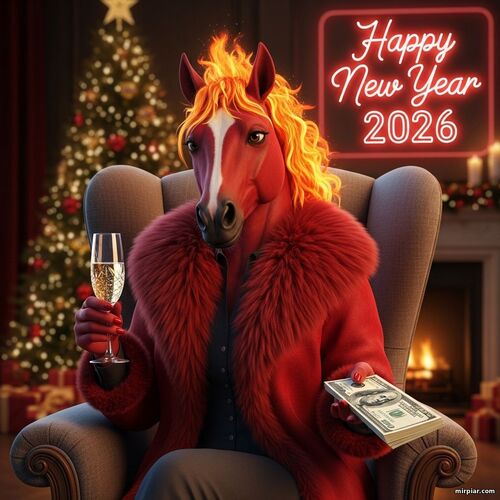 Новогодняя открытка + промпт: Огненная лошадь дарит деньги