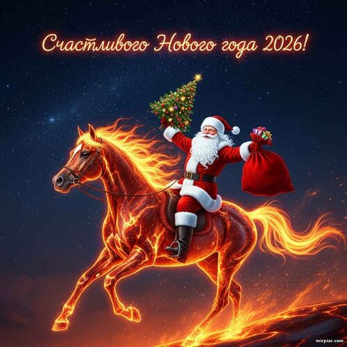 дед мороз верхом на огненной лошади везет подарки